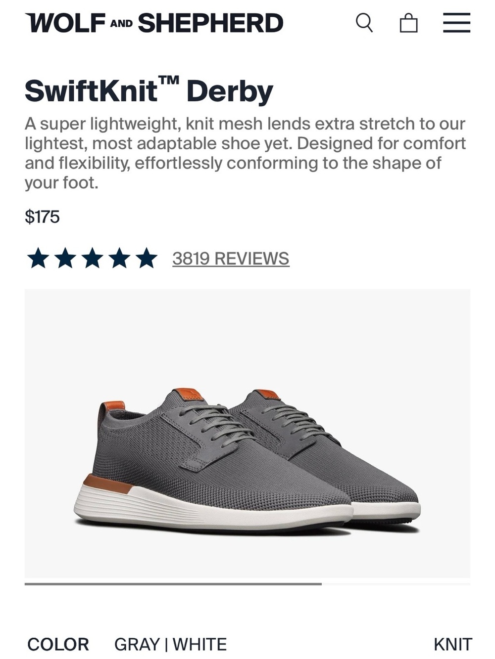 Wolf and Shepherd SwiftKnit Derby - Gray/White
